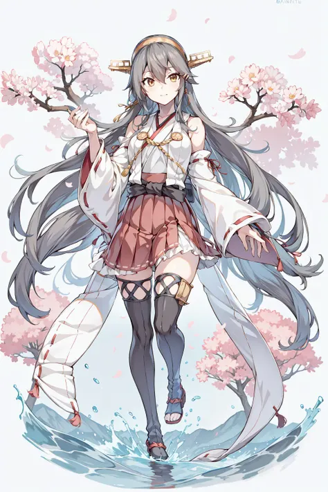 1girl, solo, best quality,  flat color, full body,  tachi-e, white background, 
<lora:HarunaV2C-000009:1>
Haruna \(Kancolle\), black hair, hairclips, gold eyes,  smile, 
HarunaOG, headgear, hairband, nontraditional miko, bare shoulders,  wide sleeves, detached sleeves,  waist bow, (red skirt, hakama skirt), thighhigh, thighboots, water,  east asian architecture, cherry blossoms, tile floor, 
 <lora:4BMix2:1> <lora:[Con]standingFullBodyWithBackgroundStyle_v10Offset:1>  <lora:[Fix]beautifulDetailedEyes_v10:0.3:FaceAffectstrong>