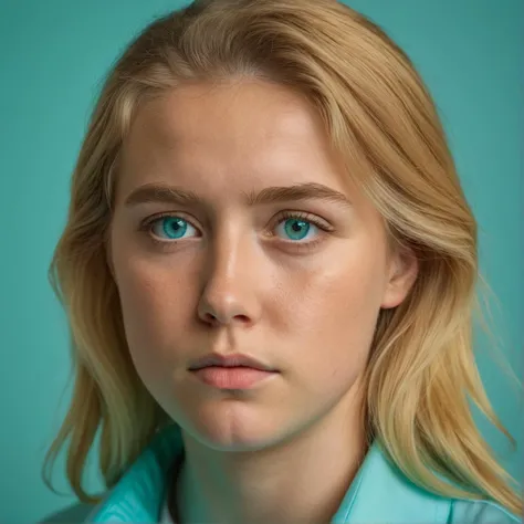 RAW photograph, Danish woman, 25 years old, golden blonde hair, aqua eyes, medium close-up shot, shot from the front, thoughtful expression, neutral uniform photostudio background, highly detailed, professional, soft volumetric lighting, photographed on a Canon EOS R5, 50mm lens, F/2.8, HDR, 8k resolution, highres, high detail,