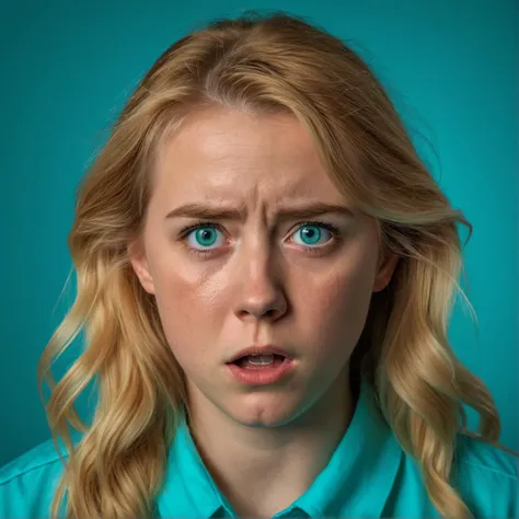RAW photograph, Danish woman, 25 years old, golden blonde hair, aqua eyes, medium close-up shot, shot from the front, frightened expression, neutral uniform photostudio background, highly detailed, professional, soft volumetric lighting, photographed on a Canon EOS R5, 50mm lens, F/2.8, HDR, 8k resolution, highres, high detail,