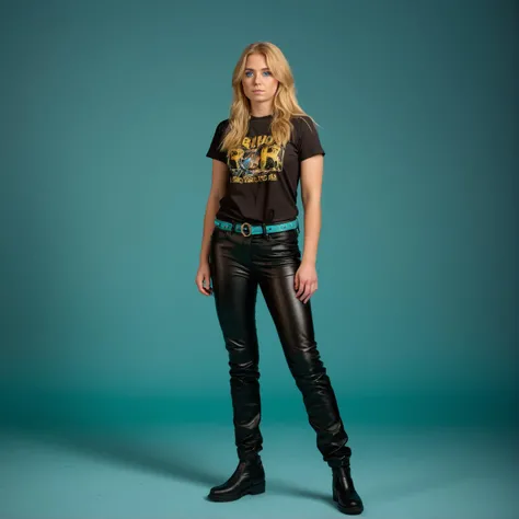 RAW photograph, Danish woman, 25 years old, golden blonde hair, aqua eyes, full body shot, wearing long leather pants and a band t-shirt, standing straight, neutral pose, arms to the side, shot from the side, neutral uniform photostudio background,, highly detailed, professional, soft volumetric lighting, photographed on a Canon EOS R5, 50mm lens, F/2.8, HDR, 8k resolution, highres, high detail,