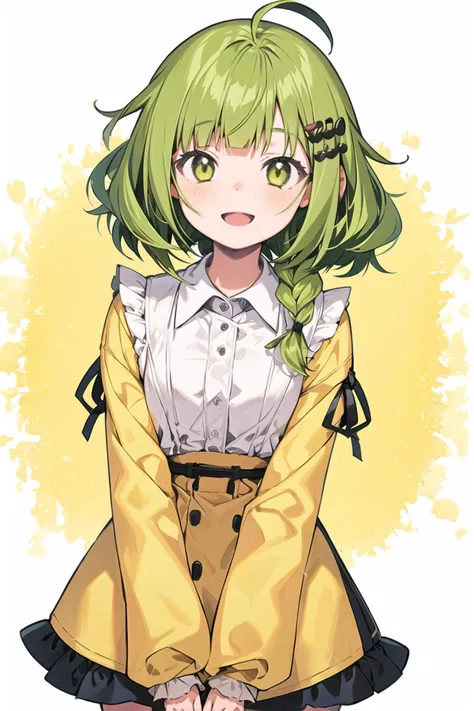 <lora:last:1>
1 little girl, solo, cowboy shot,blunt bangs, light green hair, green yellow eyes, wavy hair, medium hair, shirt, frilled sleeves, happy, hair ornament, side braid, collared shirt,ahoge,