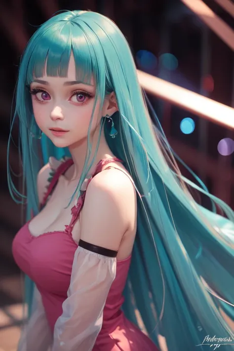best quality, ultra detailed, beautiful face, perfect anatomy, 1girl, solo, mememe, fair-skinned, long hair, aqua hair, blunt bangs, pink eyes, pink dress, purple sleeves, purple thigh highs,  <lora:mememe:1>, cowboy shot,