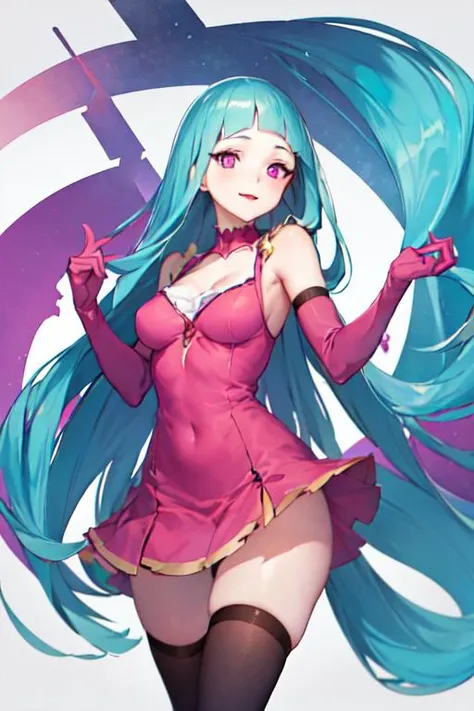 best quality, ultra detailed, beautiful face, perfect anatomy, 1girl, solo, mememe, long hair, aqua hair, blunt bangs, pink eyes, pink dress, purple sleeves, purple thigh highs, <lora:mememe:1>, white background,