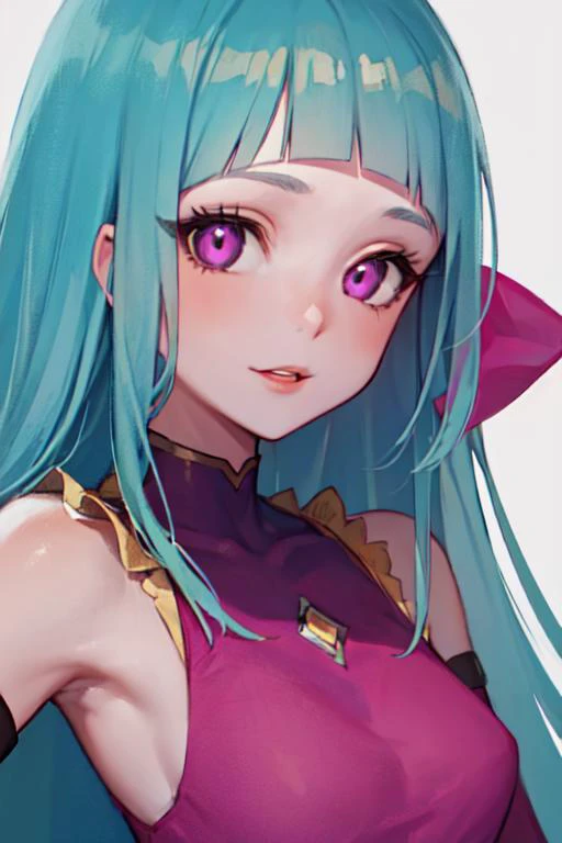 best quality, ultra detailed, beautiful face, perfect anatomy, 1girl, solo, mememe, long hair, aqua hair, blunt bangs, pink eyes, pink dress, purple sleeves, purple thigh highs, <lora:mememe:1>, white background,
