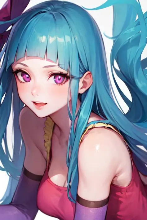 best quality, ultra detailed, beautiful face, perfect anatomy, 1girl, solo, mememe, long hair, aqua hair, blunt bangs, pink eyes, pink dress, purple sleeves, purple thigh highs, <lora:mememe:1>, plain white background,