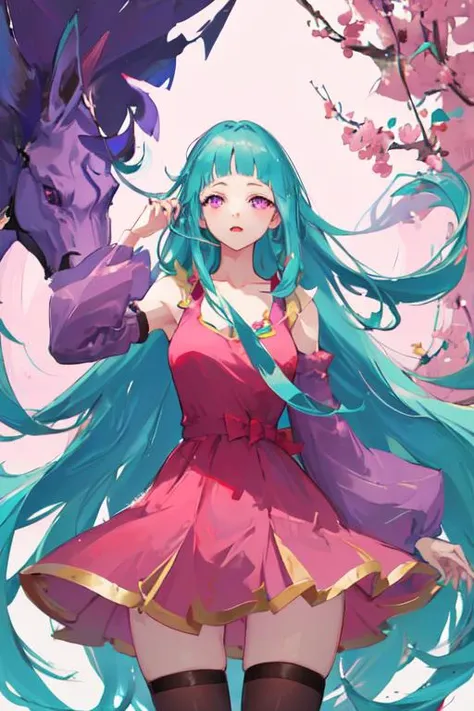 best quality, ultra detailed, beautiful face, perfect anatomy, 1girl, solo, mememe, fair-skinned, long hair, aqua hair, blunt bangs, pink eyes, pink dress, purple sleeves, purple thigh highs, <lora:mememe:1>, cowboy shot,