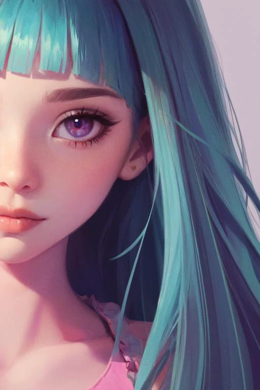 best quality, ultra detailed, beautiful face, perfect anatomy, 1girl, solo, mememe, fair-skinned, long hair, aqua hair, blunt bangs, pink eyes, pink dress, purple sleeves, purple thigh highs, <lora:memememe:1>, cowboy shot,