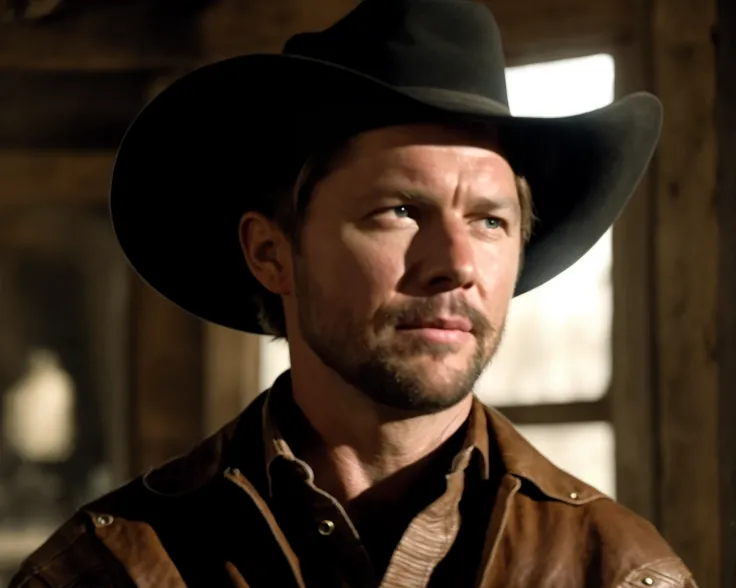 from westworld <lora:westworld_offset:1>, realistic, a portrait photo of a cowboy, cowboy hat, indoors, saloon