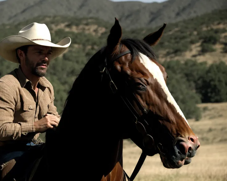 from westworld <lora:westworld_offset:1>, realistic, a portrait photo of a cowboy, cowboy hat, riding horse