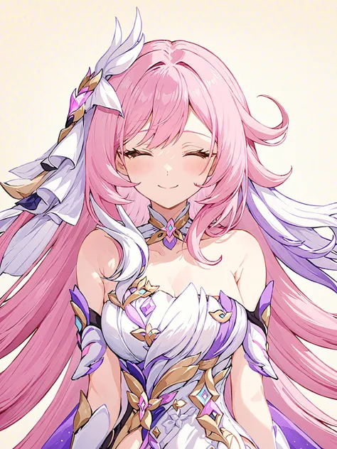 <lora:elysia:1>,1girl, elysia \(honkai impact\), solo, one eye closed, white gloves, gloves, dress, looking at viewer, smile, white dress, closed mouth, bare shoulders, breasts, symbol-shaped pupils, simple background, very long hair