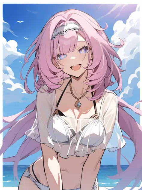 <lora:elysia:1>,1girl, elysia \(honkai impact\), solo, looking at viewer, smile, blue sky, sky, cloud, swimsuit, white bikini, cloudy sky, bikini, necklace, headband, border, outdoors, :d, see-through