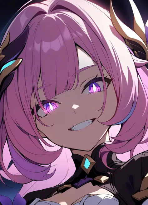 elysia \(honkai impact\), elysia, portrait of a face of a girl, high detail, 1girl, pink hair, pink eyes, glowing eyes, detailed iris, detailed eyes, bright pupils, looking down, low camera angle, clenched teeth, open mouth, smile, hard lighting, hair ornament, costume