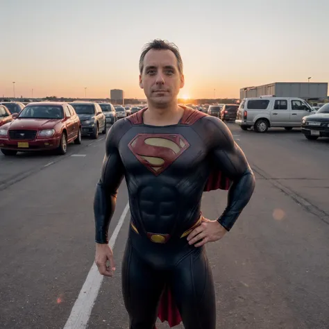 cinematic photo <lora:JoeG4tto:0.75>,joeg4tto,wearing a superman costume and standing in the middle of a crowded interstate,<lora:add_detail:1>,golden hour,thorough,, style by Dan Winters,RAW photography,film grain,(indistinguishable from reality:1.4),photo taken with a Bolex H16 . 35mm photograph, film, bokeh, professional, 4k, highly detailed