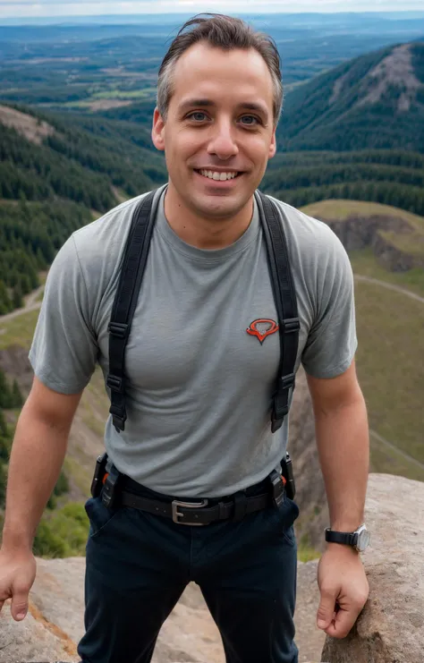 cinematic photo <lora:JoeG4tto:0.75>,joeg4tto,victory pose,standing at top of a mountain cliff,smiling,<lora:add_detail:1>,thorough,close up,cinematic,, style by Dan Winters,RAW photography,film grain,(indistinguishable from reality:1.4),photo taken with a Bolex H16 . 35mm photograph, film, bokeh, professional, 4k, highly detailed