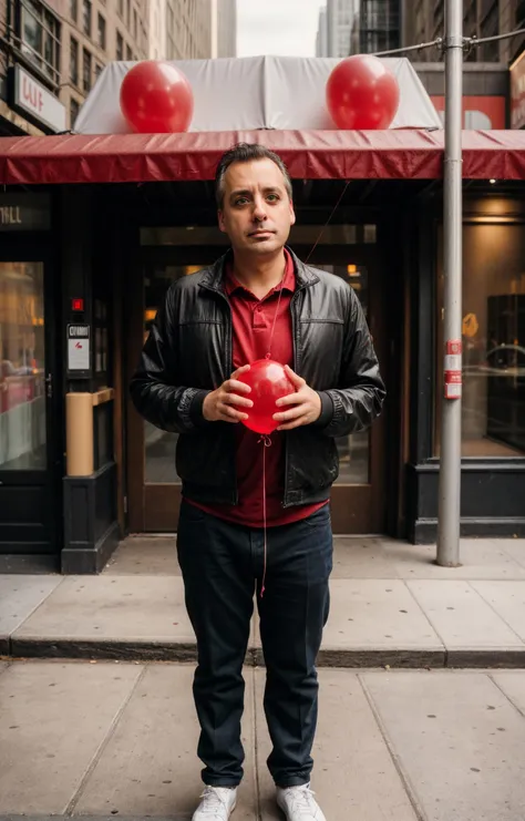 cinematic photo <lora:JoeG4tto:0.75>,joeg4tto,standing on a street corner in New York,holding a red helium balloon,sad face,<lora:add_detail:1>,thorough,close up, . 35mm photograph, film, bokeh, professional, 4k, highly detailed