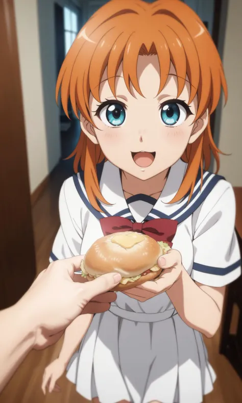 anime art style,masterpiece,best quality,Film grain,
1girl,hinoshita kaho,orange hair,medium hair,cyan eyes,school uniform,serafuku,white dress,white collar,red bowtie,feeding viewer,offering food,pov,happy,smile,open mouth,