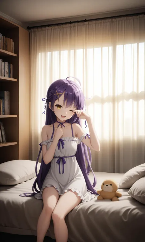 anime art style,masterpiece,best quality,Film grain,
1girl, virtual youtuber, one eye closed, solo, long hair, barefoot, hair ornament, indoors, dress, stuffed toy, purple hair, sitting, rubbing eyes, window, ahoge, stuffed animal, white dress, looking at viewer, pillow, yokozuwari, very long hair, x hair ornament, hairclip, curtains, ribbon, on bed, collarbone, choker, smile, bare shoulders, frills, frilled dress, bed, twintails, hair ribbon, open mouth, bookshelf, bare legs, holding, hand up, full body, yellow eyes, braid