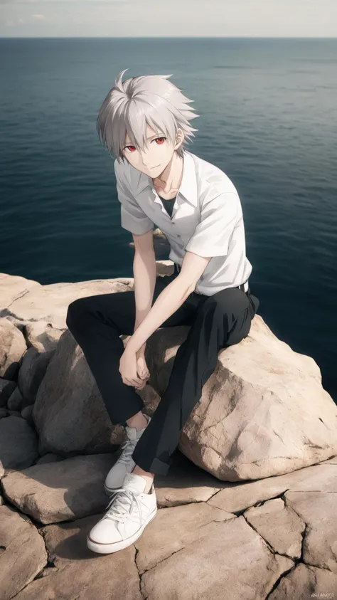 anime art style,masterpiece,best quality,
1boy,male focus,solo,nagisa kaworu,shirt,sitting,red eyes,
rock, ocean,gentle light, city pop style,
pants,white shirt,shoes,collared shirt,black pants,hair between eyes,short sleeves,closed mouth,grey hair,white footwear,belt,sneakers,looking at viewer,collarbone,own hands together,bangs,watermark,ikari shinji,signature,artist name,smile,school uniform,grey background,light smile,
bangs,open coat,parted lips,,<lora:Sadamoto Yoshiyuki_XL_V3:1.5>