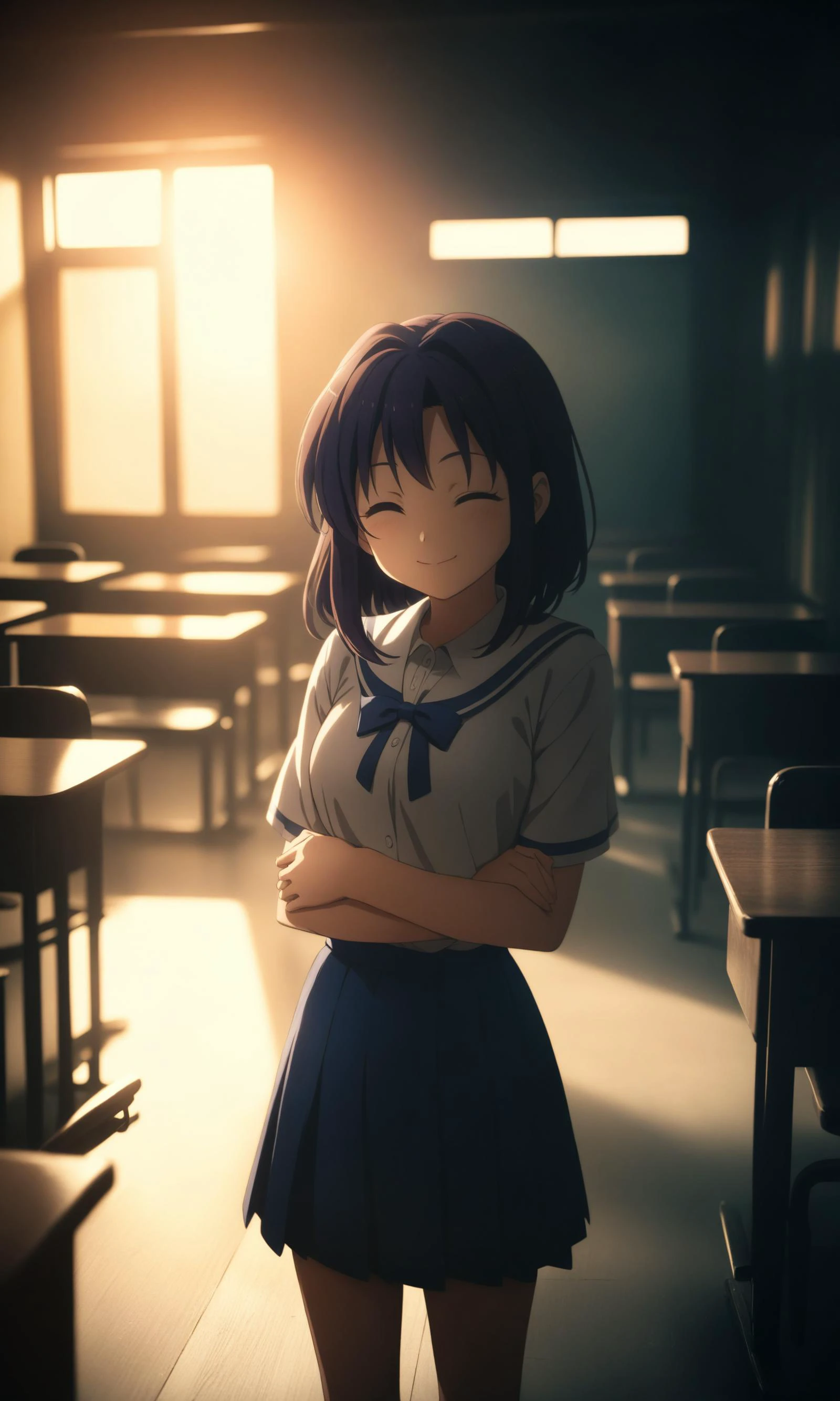 anime art style,amazing quality,masterpiece,best quality,awesome,inspiring,cinematic composition,soft shadows,Film grain,highly detailed,high budget,cinemascope,epic,color graded cinematic,atmospheric lighting,imperfections,natural,
1 girl,class room,cowboy shot,standing,one eye closed,smile face,closed mouth,tachibanaarisu,brown hair,deepblue hair bow,school uniform,