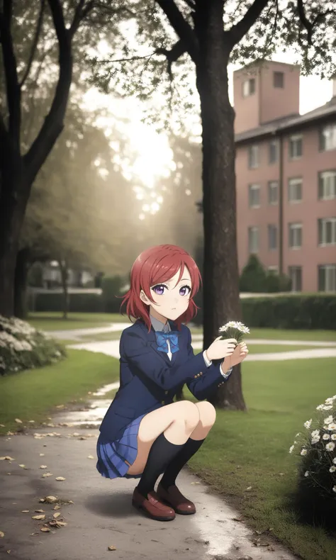 anime art style,masterpiece,best quality,Film grain,
nishikino maki, 1girl, solo, looking at viewer, short hair, skirt, long sleeves, holding, bow, jacket, school uniform, purple eyes, flower, outdoors, red hair, pleated skirt, shoes, socks, day, bowtie, blue skirt, tree, blue bow, squatting, blue jacket, black socks, grass, blazer, scenery, motor vehicle, blue bowtie, winter uniform, otonokizaka school uniform, photo background, real world location