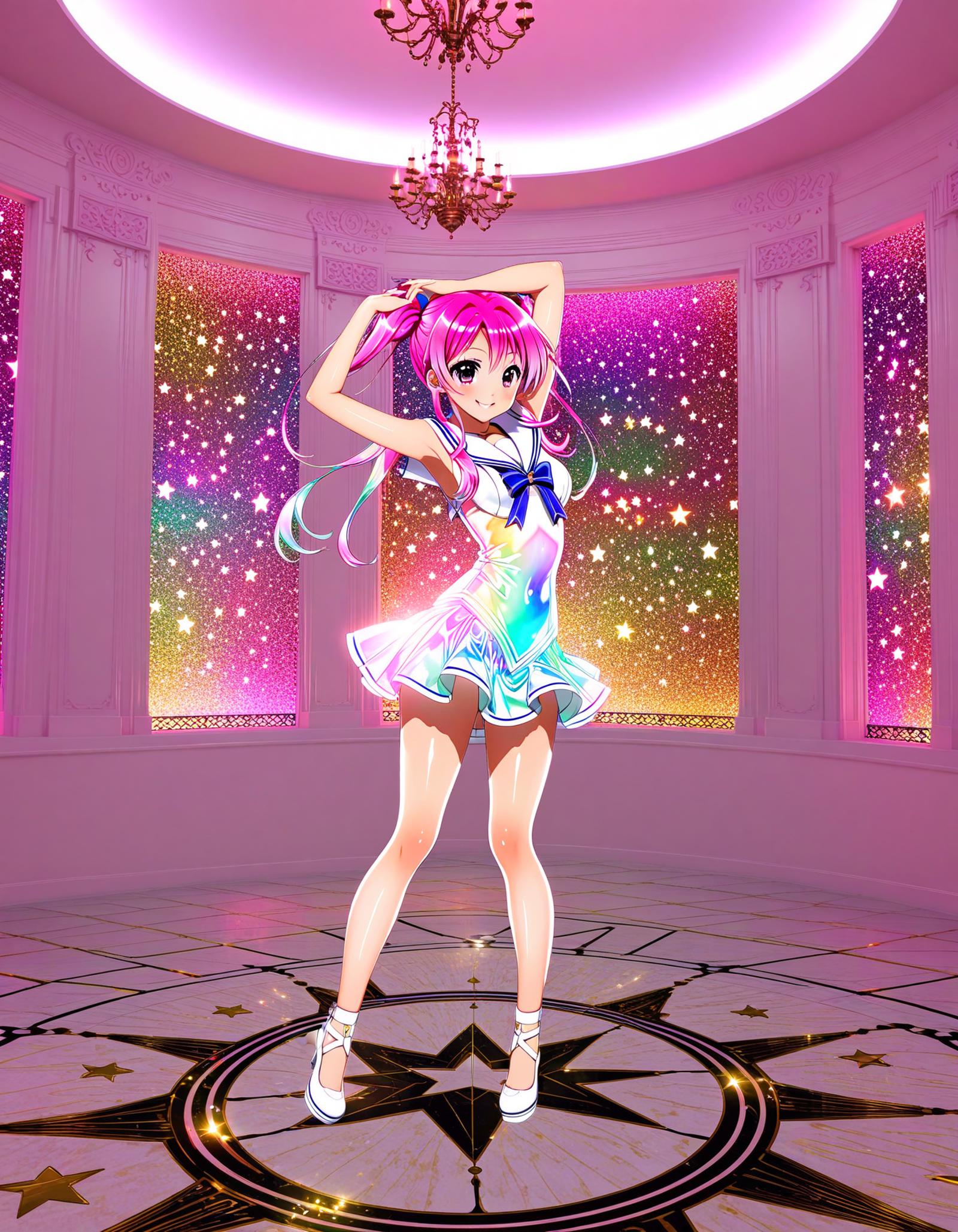A woman in a dress standing in a room with a chandelier - SeaArt AI
