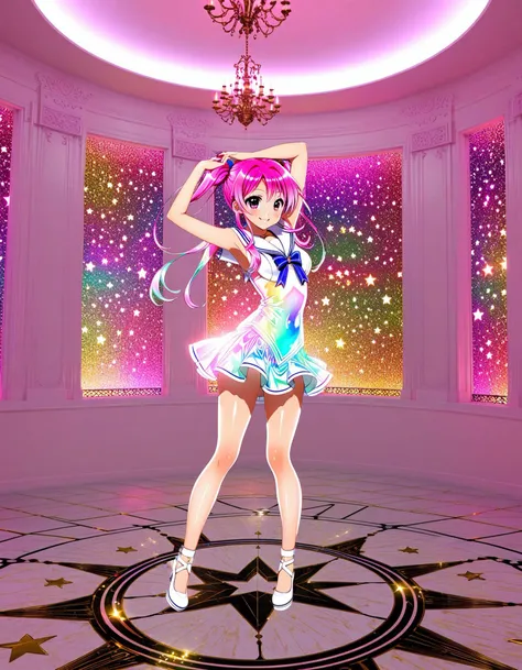 pri dream cure animation, AR 3D cel shading, masterpiece, awesome top artist illustration used by apparel ads, gravure beautiful poses, (kawaii:1.2),shiny latex magical girl dress liked sailor uniform, makeup gyaru, happy smile, glistening latex, dynamic dance pose, in vrchat luxury castle, on floor with magical summoning circle glowing, sparkle background, yumekawa star and heart effect background made by aftereffect, high key ethereal pink and white background, glossy skin, extremely glistening iridescent clothes,<lora:sd_xl_offset_example-lora_1.0:0.1>,<lora:Fixhands_anime_bdsqlsz_V1:0.8>,<lora:Hyper-SDXL-12steps-CFG-lora_rank1:0.5>
