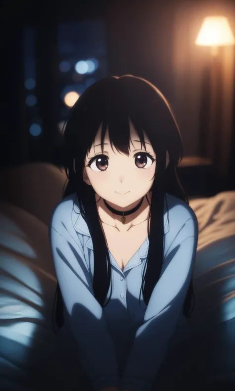 anime,amazing quality,masterpiece,best quality,awesome,inspiring,cinematic composition,soft shadows,Film grain,shallow depth of field,highly detailed,high budget,cinemascope,epic,OverallDetail,color graded cinematic,atmospheric lighting,imperfections,natural,shallow dof,
1girl,pov_across_bed,looking at viewer,smile,exhausted,hina amano,long hair,hair down,choker,pajamas,lying,on bed,indoors,night,apartment,dark room,skyline,