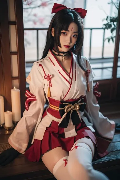 ultra-detailed,highly detailed,best quality,masterpiece,illustration,realistic, photo,photorealistic,
yaodaoji, 1girl, solo, cosplay,
japanese clothes,choker, forehead mark, bow,white thighhighs, ribbon, skirt,long sleeves, miko, sash, ribbon trim, hair bow, hair ribbon, gloves,
long hair, bangs,
looking at viewer,
indoor,night,candlelight, candle, east asian architecture,
<lora:yaodaoji_yszr_v1_02:0.7>