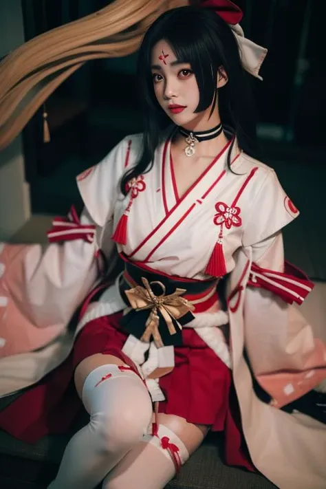 ultra-detailed,highly detailed,best quality,masterpiece,illustration,realistic, photo,photorealistic,
yaodaoji, 1girl, solo, cosplay,
japanese clothes,choker, forehead mark, bow,white thighhighs, ribbon, skirt,long sleeves, miko, sash, ribbon trim, hair bow, hair ribbon, gloves,
long hair, bangs,
looking at viewer,
magic circle, magic glowing, multicolored background,
<lora:yaodaoji_yszr_v1_02:0.7>