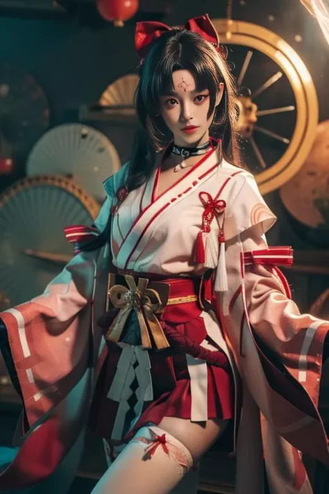 ultra-detailed,highly detailed,best quality,masterpiece,illustration,realistic, photo,photorealistic,
yaodaoji, 1girl, solo, cosplay, 
japanese clothes,choker, forehead mark, bow,white thighhighs, ribbon, skirt,long sleeves, miko, sash, ribbon trim, hair bow, hair ribbon, gloves, 
long hair,  bangs,
looking at viewer, 
magic circle, magic glowing, multicolored background, xiuxian,
<lora:yaodaoji_yszr_v1_02:0.7> <lora:ç»é£ç°ä»£ä¿®ä»nihong-000014:0.4>