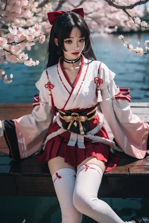 ultra-detailed,highly detailed,best quality,masterpiece,illustration,realistic, photo,photorealistic,
yaodaoji, 1girl, solo, cosplay, 
japanese clothes,choker, forehead mark, bow,white thighhighs, ribbon, skirt,long sleeves, miko, sash, ribbon trim, hair bow, hair ribbon, gloves, 
long hair,  bangs,
looking at viewer, 
magic circle, magic glowing, multicolored background, 
<lora:yaodaoji_yszr_v1_02:0.7>