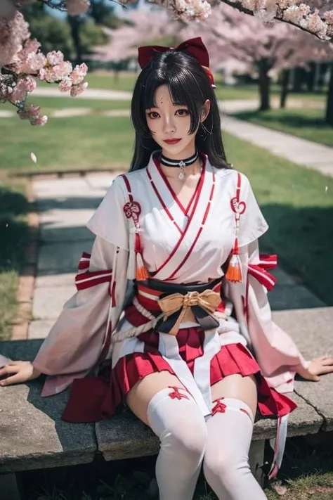ultra-detailed,highly detailed,best quality,masterpiece,illustration,realistic, photo,photorealistic,
yaodaoji, 1girl, solo, thighhighs, japanese clothes, black hair, choker, forehead mark, bow,white thighhighs, looking at viewer, hair bow, cherry blossoms, ribbon, skirt,long sleeves, miko, bangs, sash, ribbon trim, long hair, hair ribbon, river, wind,falling petals,
<lora:yaodaoji_yszr_v1_02:0.7>