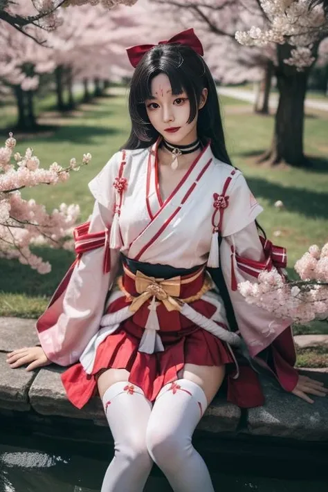 ultra-detailed,highly detailed,best quality,masterpiece,illustration,realistic, photo,photorealistic,
yaodaoji, 1girl, solo, thighhighs, japanese clothes, black hair, choker, forehead mark, bow,white thighhighs, looking at viewer, hair bow, cherry blossoms, ribbon, skirt,long sleeves, miko, bangs, sash, ribbon trim, long hair, hair ribbon, river, wind,falling petals,
<lora:yaodaoji_yszr_v1_02:0.7>