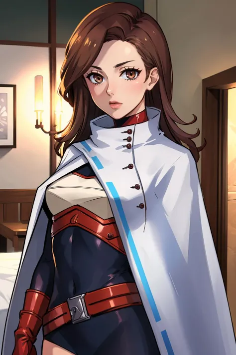 masterpiece, best quality, absurdres, beautiful, cowboy shot, upper body, looking at viewer
<lora:zs_Yuka:1> yukasmt, brown hair, long hair, gloves, cape, thighhighs,