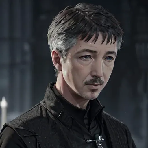 <lora:littlefinger:0.6>, littlefinger, black tunic, silver pin on his neck, (closeup)