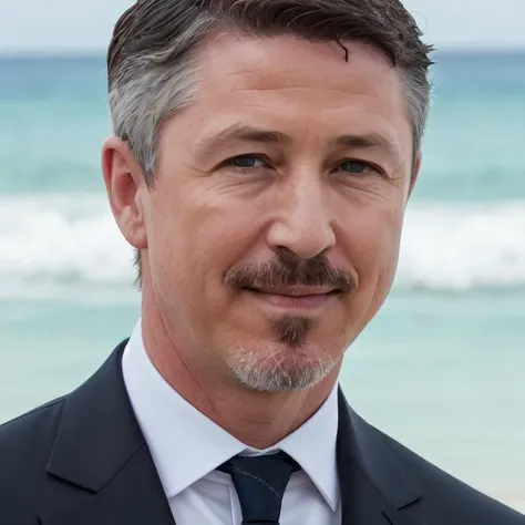<lora:littlefinger:0.5>, littlefinger, goatee, beard, suit and tie, smile, (closeup), beach background