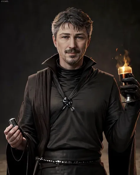 <lora:littlefinger:0.6>, littlefinger, goatee, beard, black tunic, smile, holding poison, (upper body)
