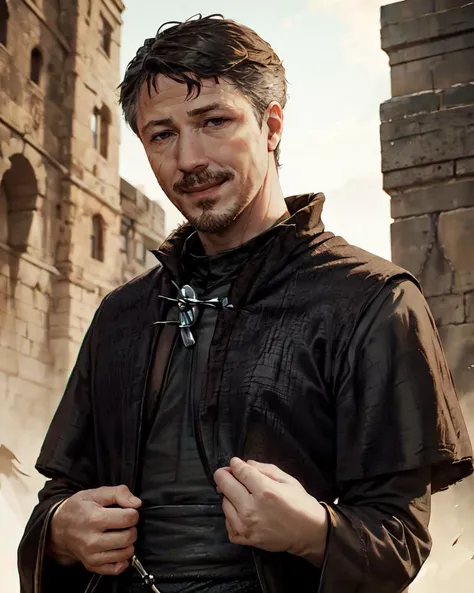 <lora:littlefinger:0.85>, littlefinger, goatee, beard, black tunic, thin, smile, (upper body)