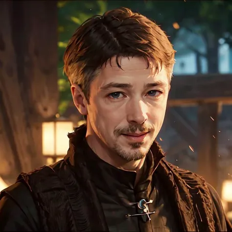 <lora:littlefinger:0.85>, littlefinger, goatee, beard, black tunic, thin, smile, (closeup)