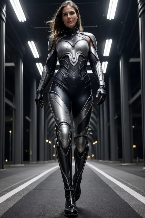 [professional::0.3][intricate:0.3:0.7][digital:0.7]-photography, subject is a 30-year-old mature woman, ((athletic-pose-with-movement)), boots, running in the street of a futuristic metropolis, her arms are in motion, <lora:Cyberpunk03:0.5> artwork, full body suit, cyborg, metal-parts, (porcelain plates armour), kevlar, mesh, <lora:time_slider_v1:4>, picture-perfect