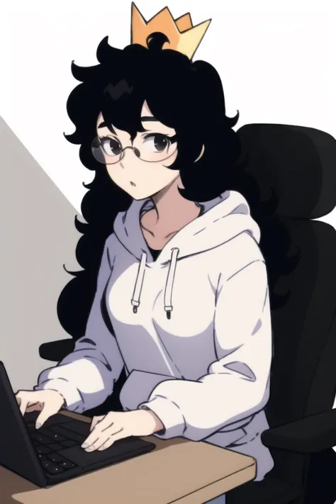 <lora:azurasuzukiv1:0.9>, Azura Suzuki, 1girl, solo, (crown:1.2), long hair, black hair, black eyes, glasses, black hoodie, on the computer