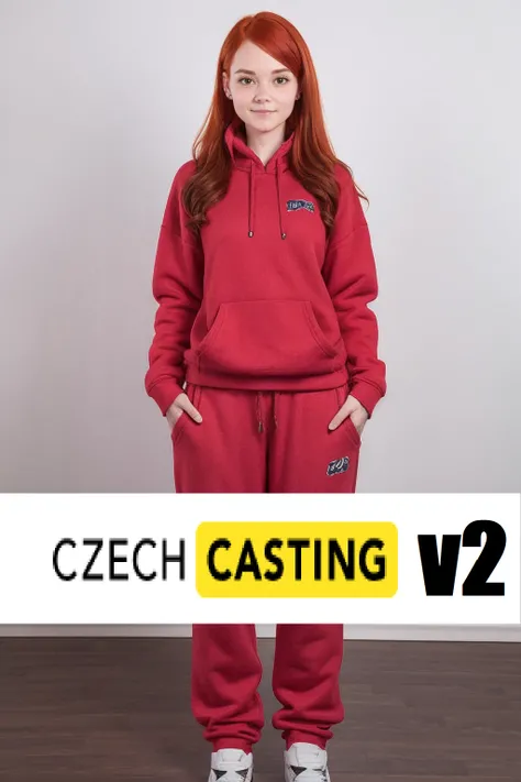 <lora:czc2:1> czc, full body, clothed, fleece pullover and track pants, redhead, woman