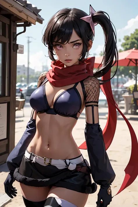 (masterpiece, best quality), 1girl, <lora:ripple-nvwls-v1:1> mgrpRipple, hair ornament, side ponytail, red scarf, bikini top, purple miniskirt, detached sleeves, fishnets, gloves, thighhighs, sandals