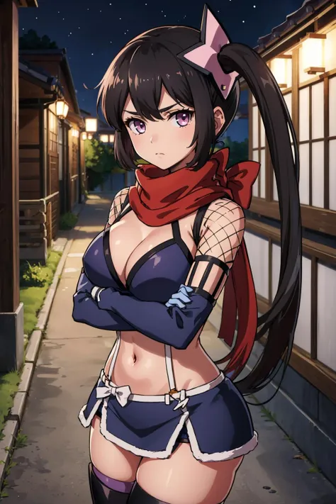 masterpiece, best quality, <lora:ripple-nvwls-v1-000009:0.9> mgrpRipple, hair ornament, side ponytail, red scarf, bikini top, purple miniskirt, detached sleeves, suspenders, fishnets, gloves, thighhighs, standing, japanese architecture, night, looking at viewer, cowboy shot, emotionless, crossed arms, from side, large breasts