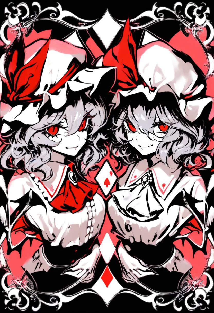 score_9, score_8_up, score_7_up, score_6_up, <lora:DPOXL:1> <lora:banpai akiraXL_JS2_lokr_V12:1> monochrome, greyscale, flandre scarlet, siblings, remilia scarlet, hat, sisters, 2girls, multiple girls, mob cap, wings, rotational symmetry, playing card, looking at viewer, card, ascot, flower, jewelry, hat ribbon, bat wings, ribbon, smile, spade \(shape\), card \(medium\), diamond \(shape\), crystal, brooch, symmetry, upper body, rose, closed mouth, medium hair