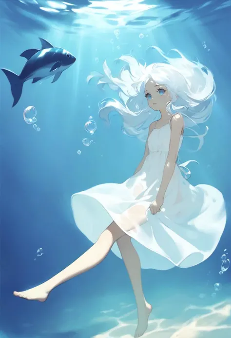 score_9, score_8_up, score_7_up, score_6_up, <lora:DPOXL:1> <lora:banpai akiraXL_JS2_lokr_V12:1>1girl, underwater, dress, solo, fish, long hair, barefoot, blue theme, bubble, air bubble, white dress, white hair, water, sundress, see-through