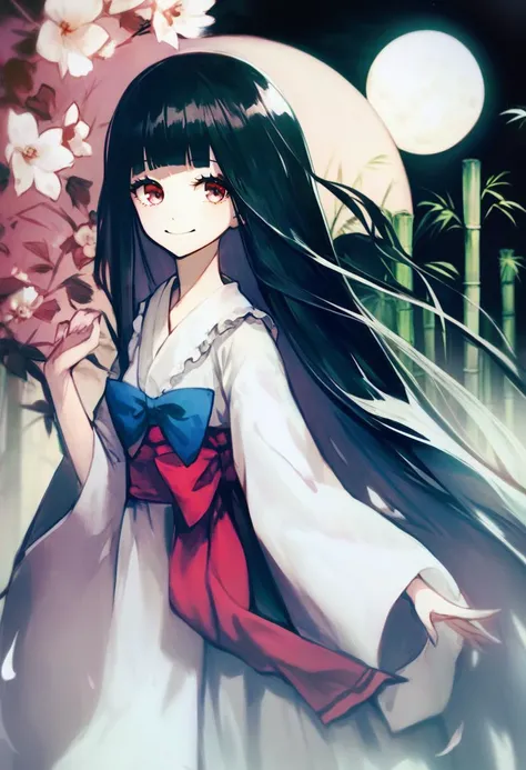 score_9, score_8_up, score_7_up, score_6_up, <lora:DPOXL:1> <lora:banpai akiraXL_JS2_lokr_V12:1>1girl, solo, houraisan kaguya, long hair, black hair, bamboo, moon, full moon, smile, very long hair, looking at viewer, bow, hime cut