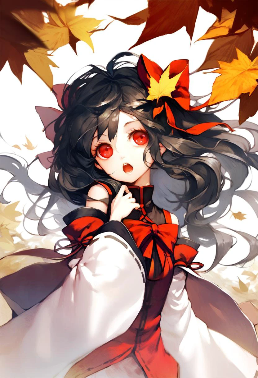 score_9, score_8_up, score_7_up, score_6_up, <lora:DPOXL:1> <lora:banpai akiraXL_JS2_lokr_V12:1>1girl, solo, long hair, bow, leaf, hair bow, black hair, ribbon, open mouth, red eyes, detached sleeves