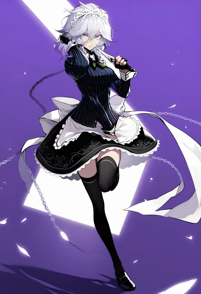 score_9, score_8_up, score_7_up, score_6_up, <lora:DPOXL:1> <lora:banpai akiraXL_JS2_lokr_V12:1>1girl, solo, thighhighs, izayoi sakuya, skirt, gloves, holding, maid headdress, fingerless gloves, shirt, black skirt, black thighhighs, black shirt, striped shirt, looking at viewer, black footwear, full body, long sleeves, black gloves, knife, striped, hair between eyes, holding knife, braid, pocket watch, twin braids, short hair, vertical-striped shirt, blue eyes, white hair, vertical stripes, purple background, shoes, holding weapon, miniskirt, grey eyes, weapon, bangs, grey hair, zettai ryouiki, breasts, closed mouth, chain, serious, hand up, standing, alternate costume, watch, maid, skirt set