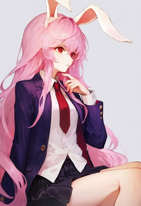 score_9, score_8_up, score_7_up, score_6_up, <lora:DPOXL:1> <lora:banpai akiraXL_JS2_lokr_V12:1>1girl, solo, long hair, animal ears, rabbit ears, reisen udongein inaba, necktie, very long hair, skirt, red eyes, jacket, sitting, blazer, pink hair, red necktie, wariza